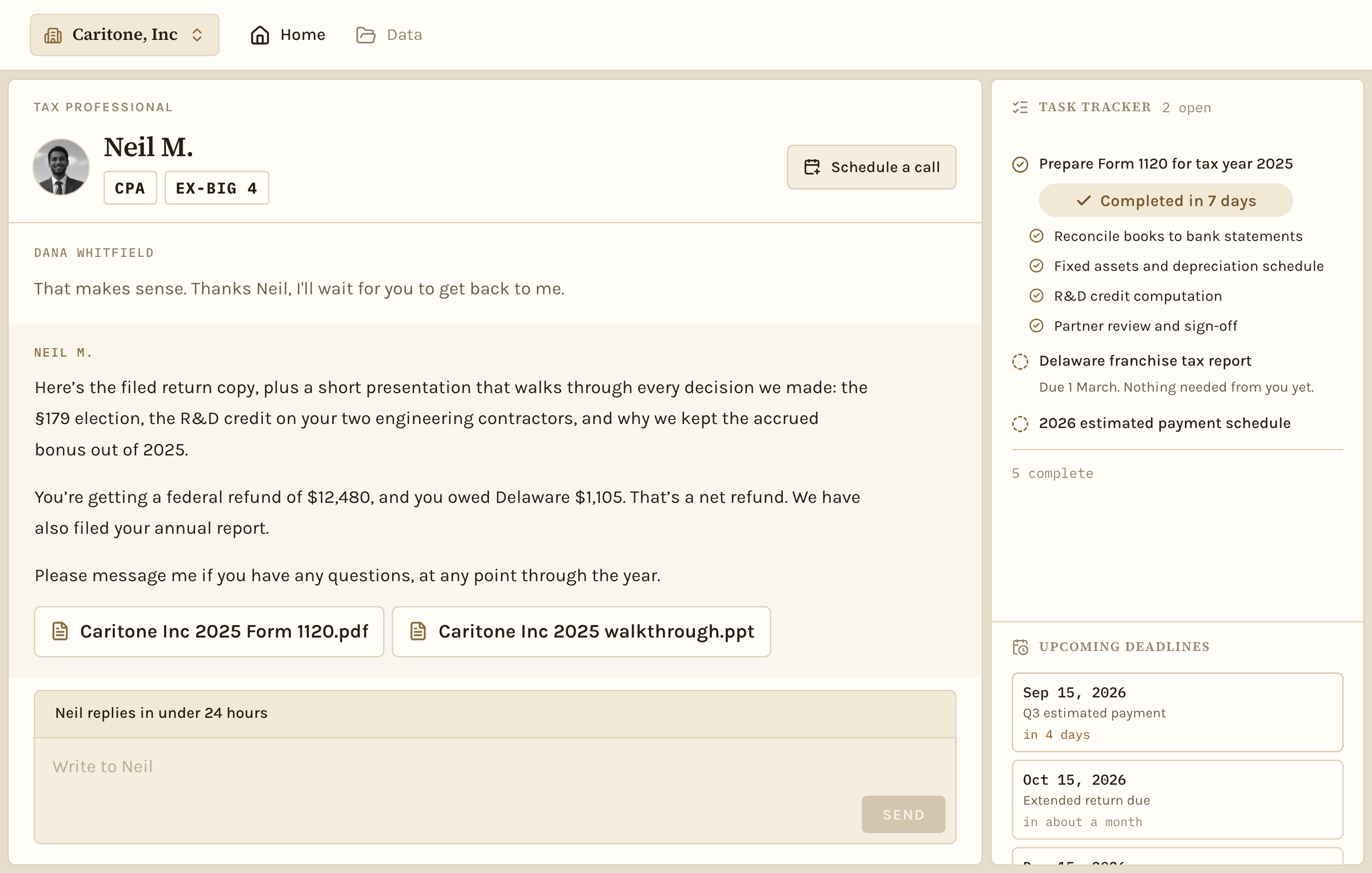 The Valim client portal: Neil M., CPA and ex-Big Four, on the Caritone, LLC Form 1120 engagement, with the task tracker, the message thread and the composer.